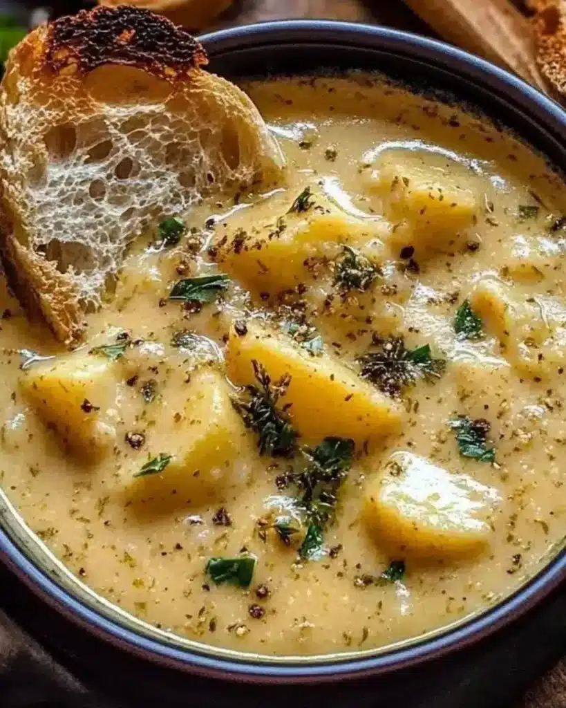Bowl of hearty cheddar garlic herb potato soup topped with herbs and cheese