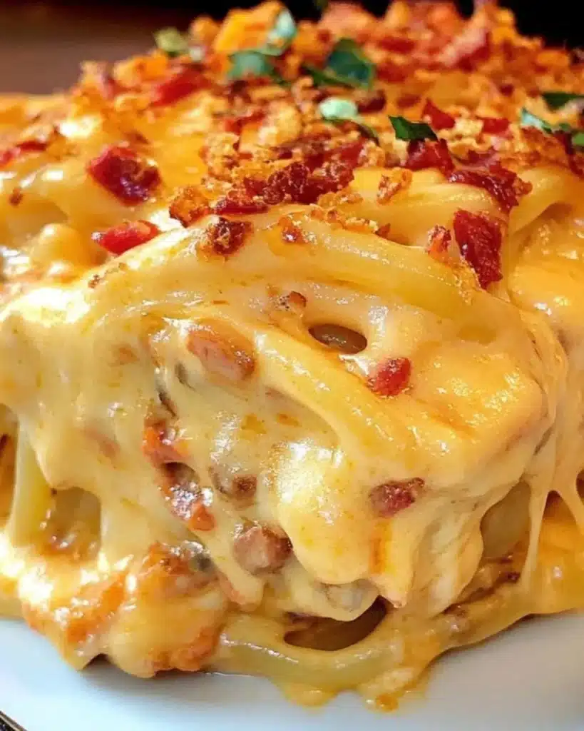 Creamy spicy Southern cheesy chicken spaghetti casserole served in a dish