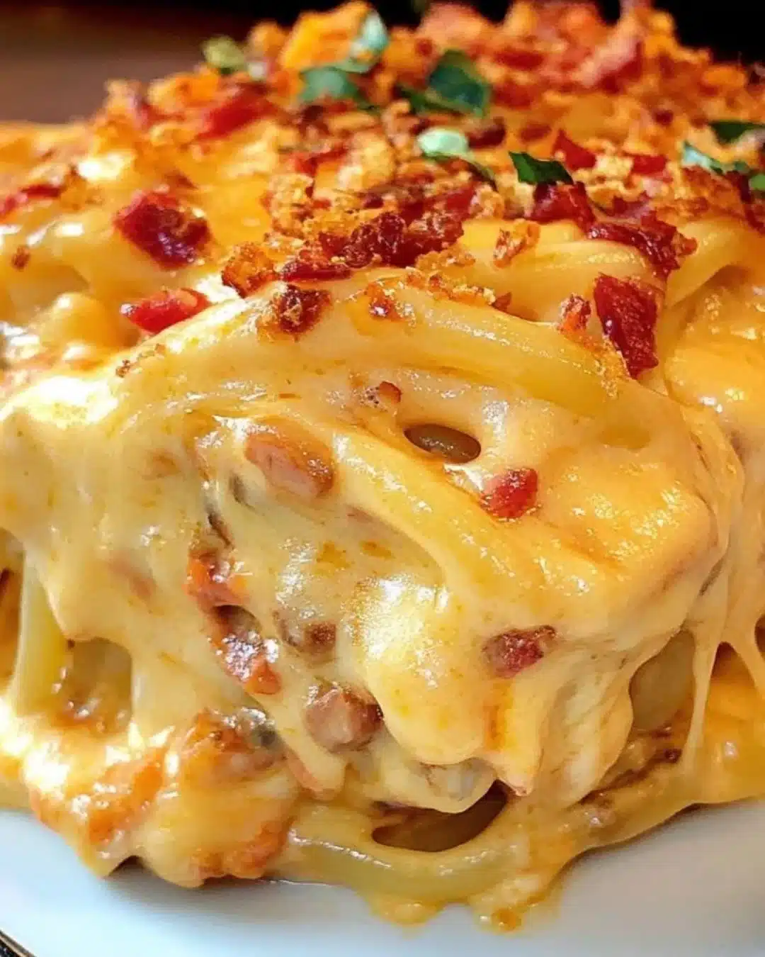 Creamy spicy Southern cheesy chicken spaghetti casserole served in a dish
