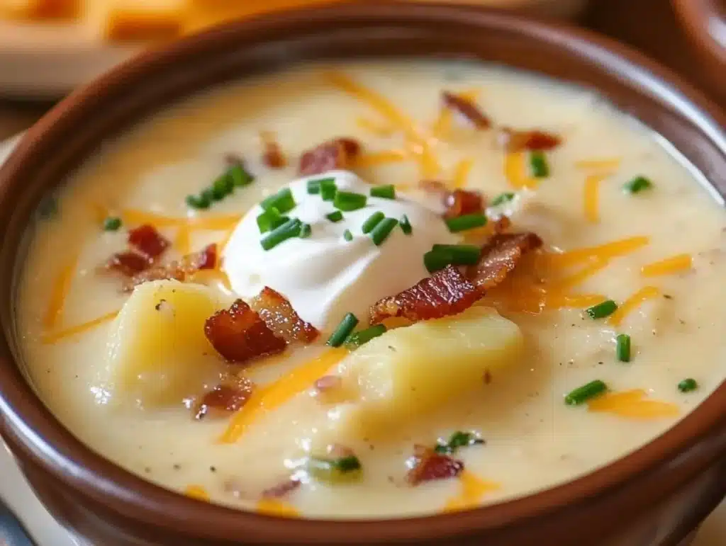 Delicious loaded baked potato soup topped with cheese and green onions