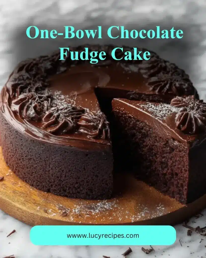 Delicious one-bowl chocolate fudge cake topped with chocolate frosting.