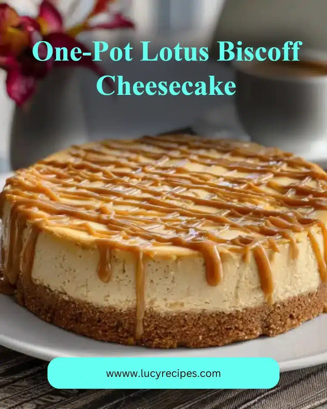 Delicious One-Pot Lotus Biscoff Cheesecake topped with crumbled Biscoff cookies.