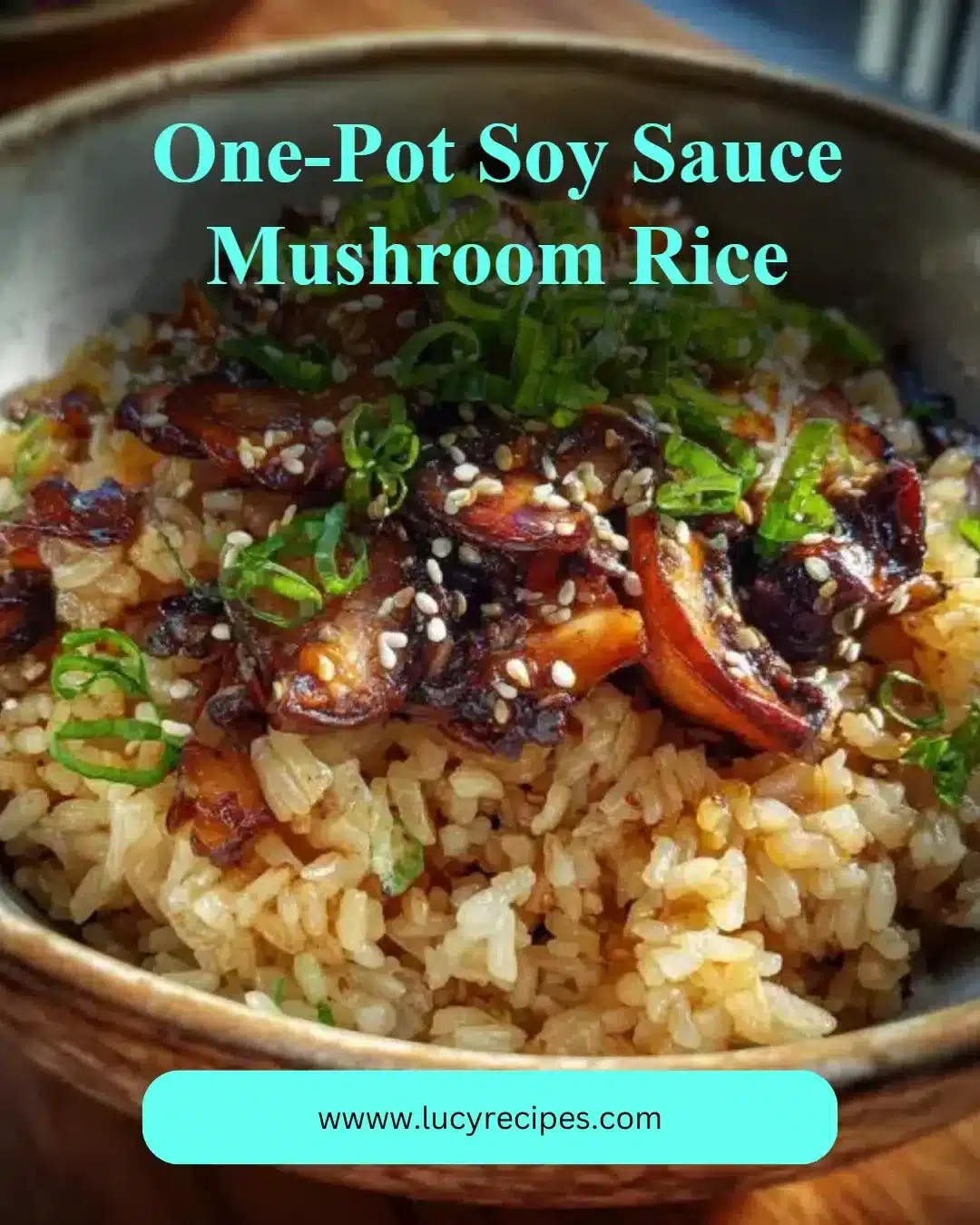 One-pot soy sauce mushroom rice dish prepared and garnished for serving