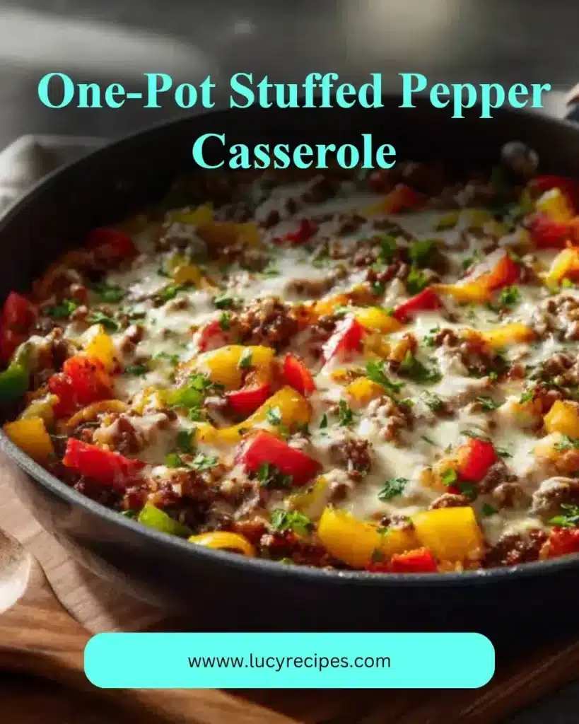 Delicious one-pot stuffed pepper casserole topped with cheese and fresh herbs.