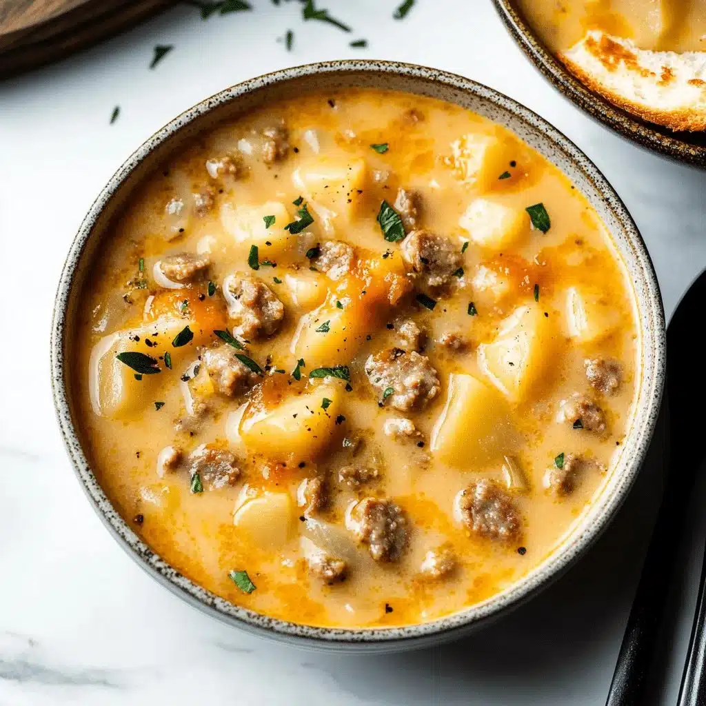 Bowl of Sausage Potato Soup with potatoes and sausage garnished with herbs