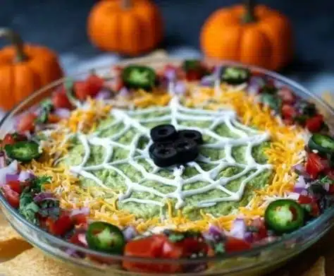 Delicious Seven Layer Dip served in a colorful dish ready for a party.