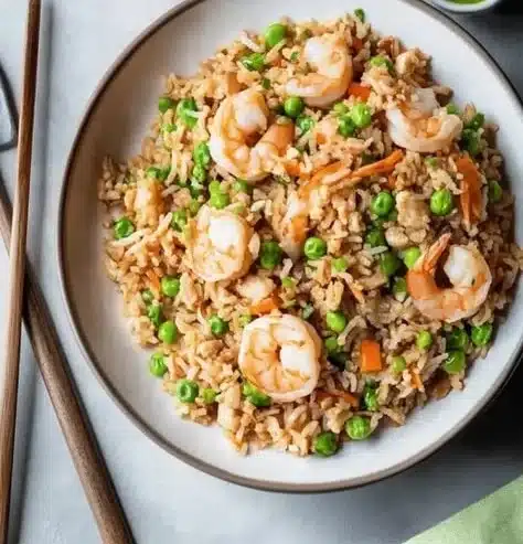 Delicious shrimp fried rice with colorful vegetables and shrimp cooked to perfection