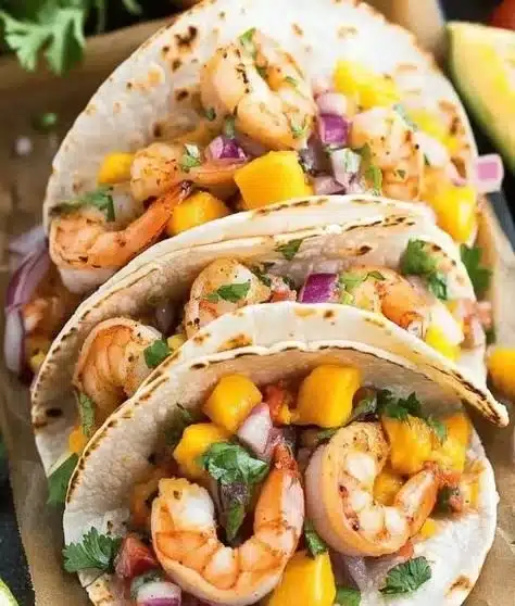 Delicious shrimp tacos with fresh mango salsa on a plate