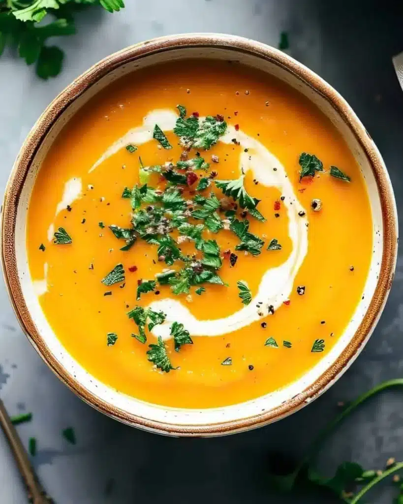 Bowl of spicy butternut squash and sweet potato soup garnished with herbs