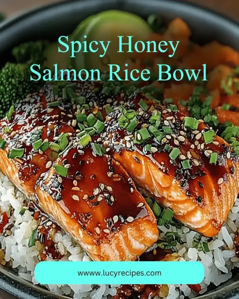 Spicy Honey Salmon Rice Bowl with vibrant vegetables and garnishes