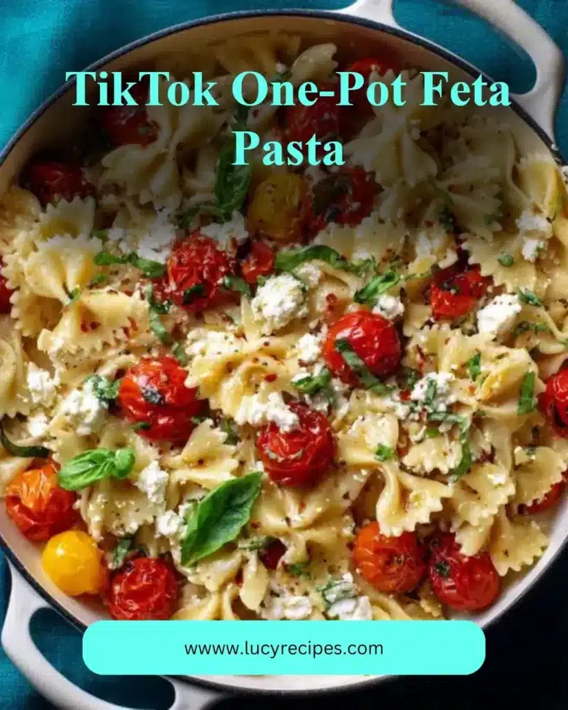 Delicious TikTok one-pot feta pasta served in a bowl with fresh basil