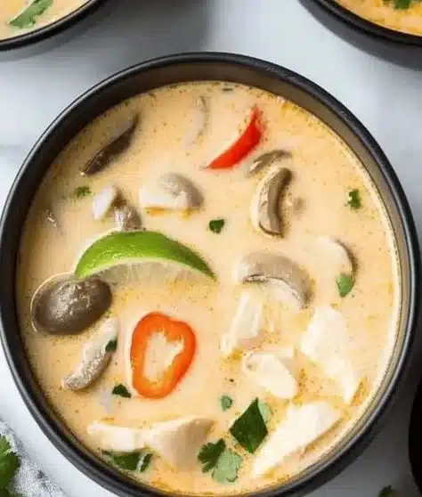 Bowl of Tom Kha Goong, delicious shrimp in coconut soup with herbs.