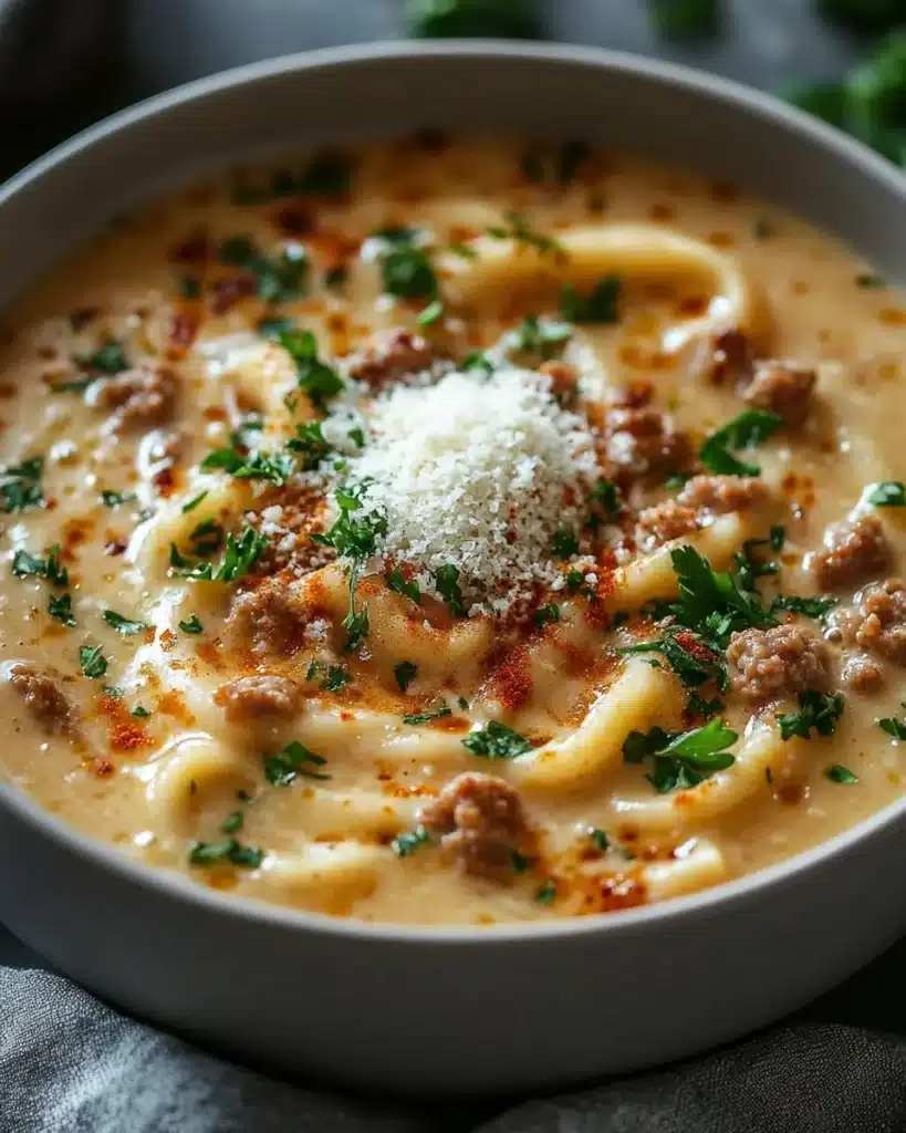 A bowl of creamy Alfredo Lasagna Soup topped with cheese and herbs.