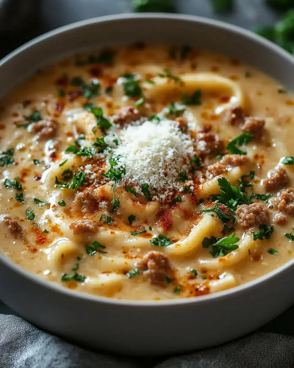 A bowl of creamy Alfredo Lasagna Soup topped with cheese and herbs.