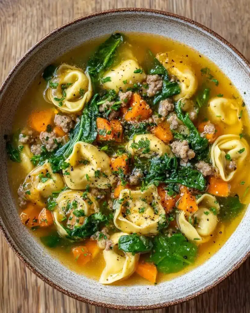 A bowl of Autumn Tortellini Soup with Sausage garnished with herbs