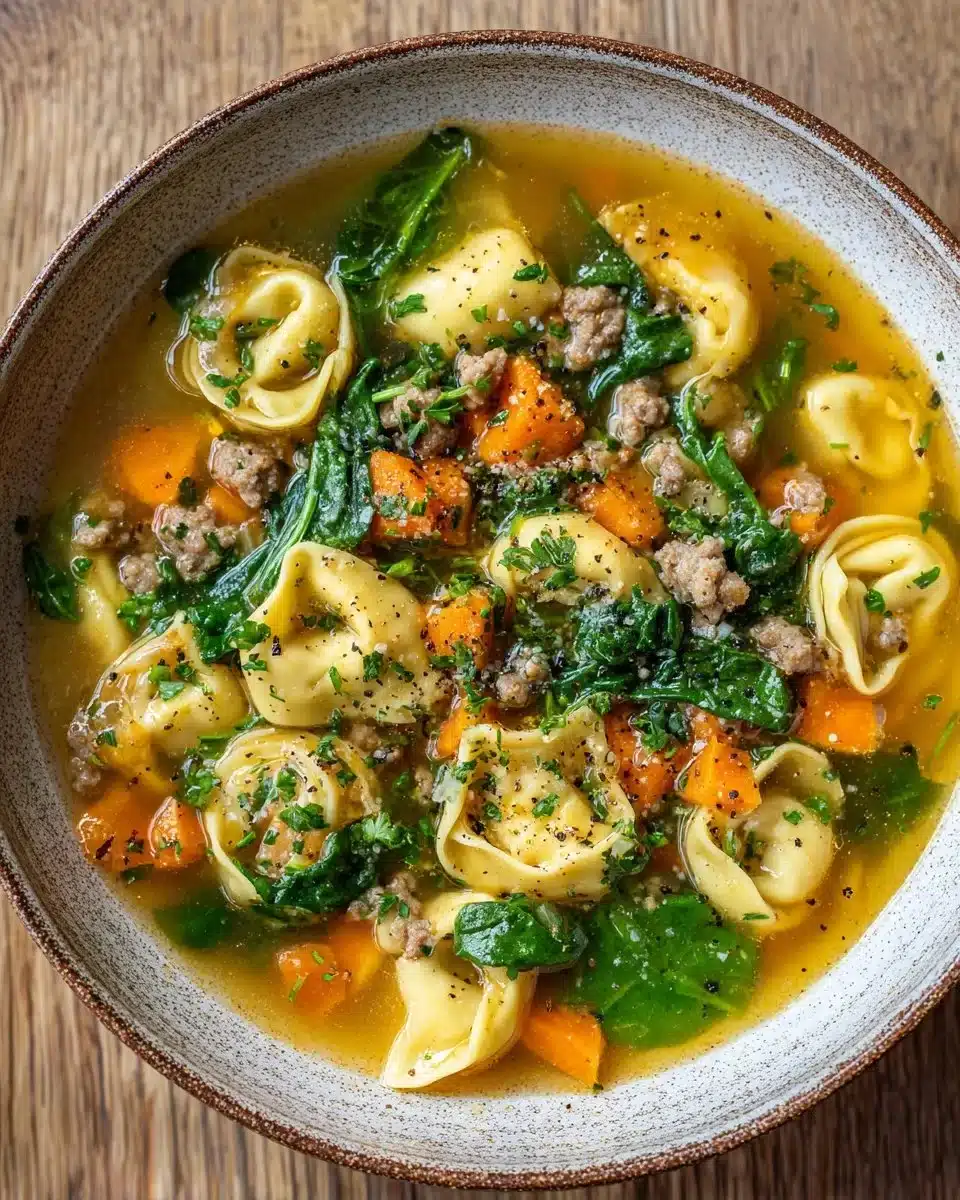 A bowl of Autumn Tortellini Soup with Sausage garnished with herbs