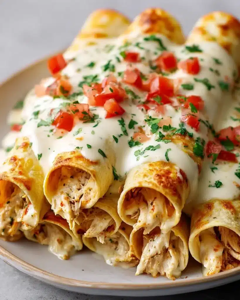 Baked cream cheese chicken taquitos served on a plate with dipping sauce.