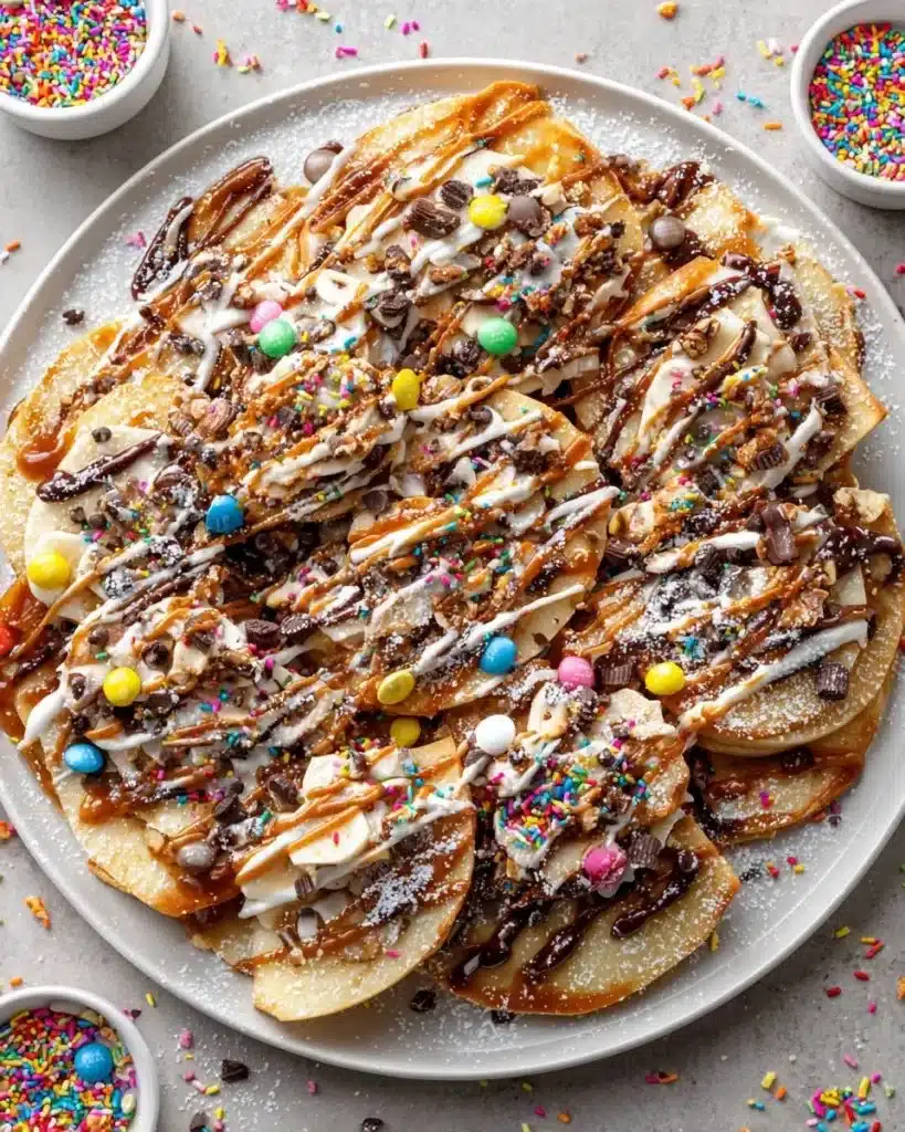 Delicious caramel apple nachos topped with caramel and nuts on a platter.