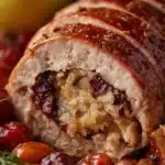 Cranberry apple stuffed pork loin served on a plate, garnished with herbs.