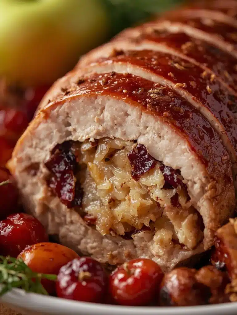 Cranberry apple stuffed pork loin served on a plate, garnished with herbs.
