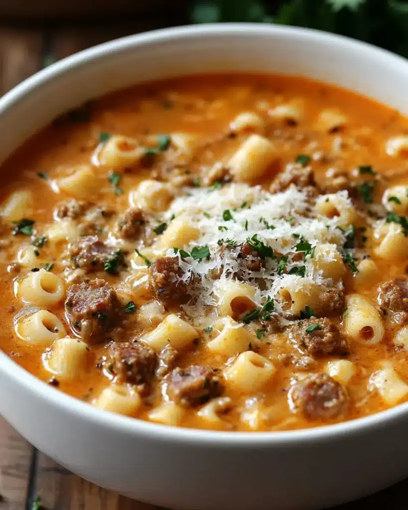 Creamy Parmesan Pasta Soup with Italian sausage in a bowl