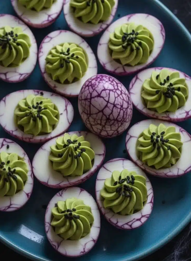 Creepy deviled eggs decorated for Halloween celebration
