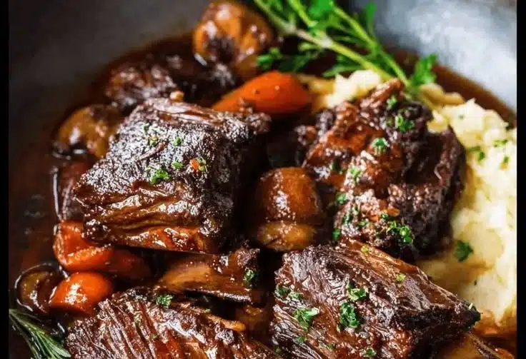 Crockpot beef short ribs served with vegetables on a plate