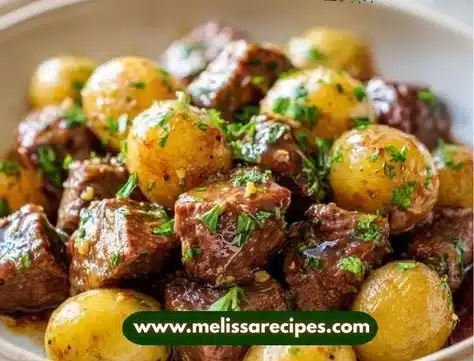 Crockpot garlic butter beef bites with potatoes served in a bowl.
