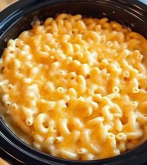 Creamy Crock Pot Mac & Cheese in a bowl topped with cheese.