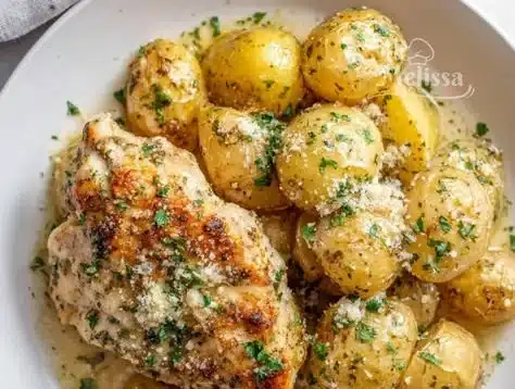 Easy garlic parmesan crockpot chicken with potatoes on a plate