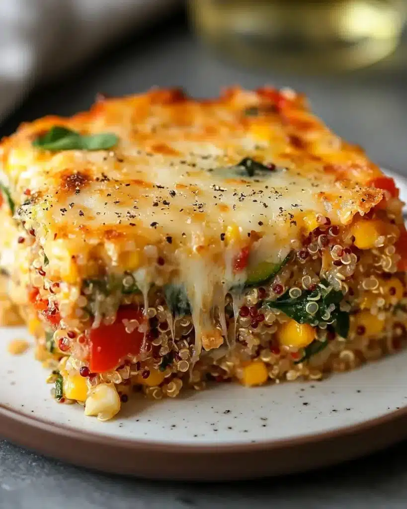 Delicious easy quinoa casserole topped with vegetables and cheese