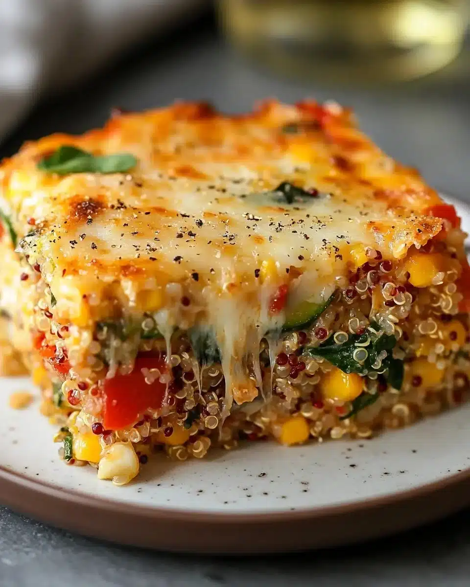 Delicious easy quinoa casserole topped with vegetables and cheese