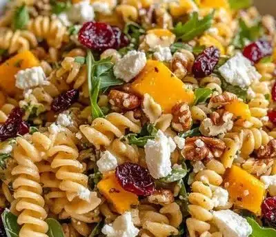Bowl of colorful fall harvest pasta salad with seasonal vegetables and dressing
