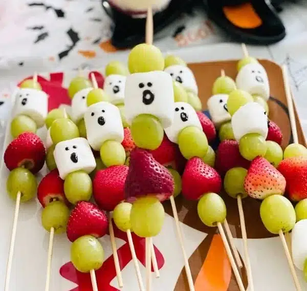 Colorful Ghost Fruit Marshmallow Skewers for Halloween party treats