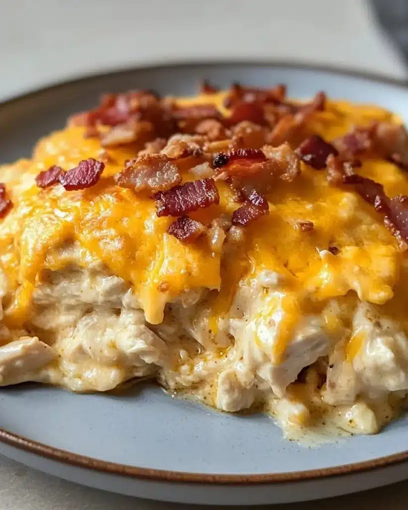 Irresistible Crack Chicken Casserole served in a baking dish with cheese on top