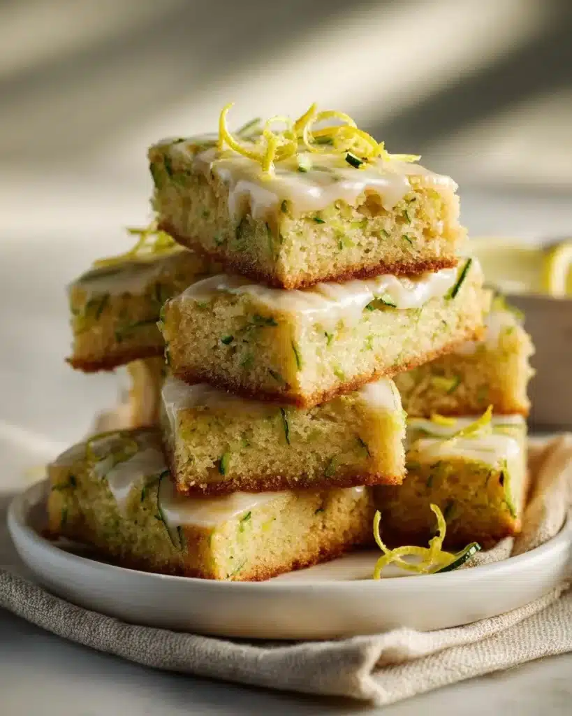 Delicious Lemon Zucchini Bars drizzled with glaze on a white plate.