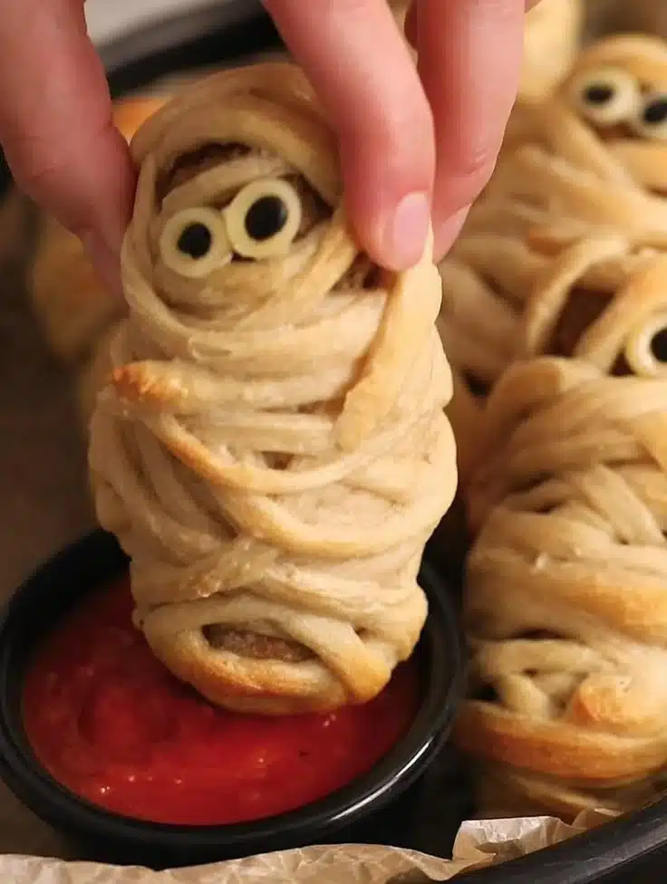 Delicious meatball mummies wrapped in dough for Halloween parties