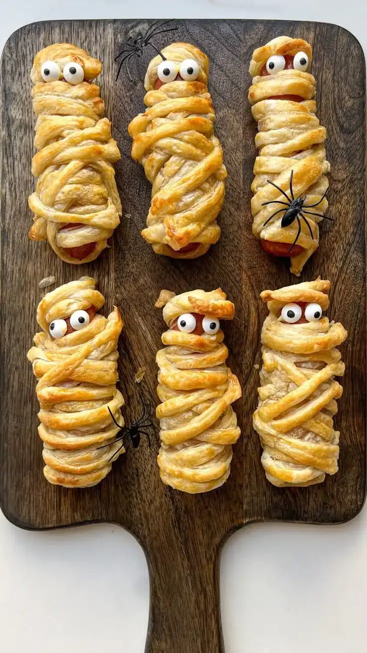 Mummy Hotdogs wrapped in pastry, perfect for Halloween snacks and parties.