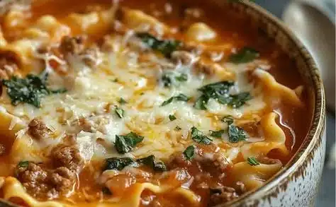 One Pot Lasagna Soup in a bowl topped with cheese and fresh basil
