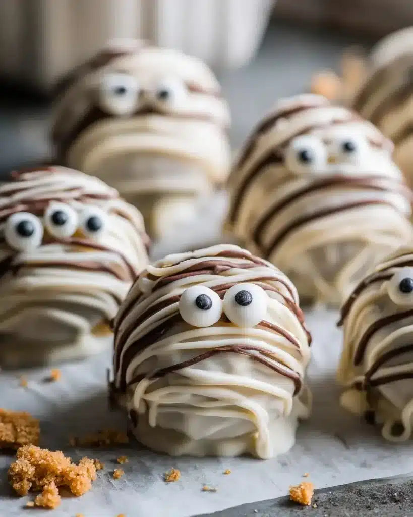 Pumpkin Spice Oreo Truffle Mummies decorated for Halloween