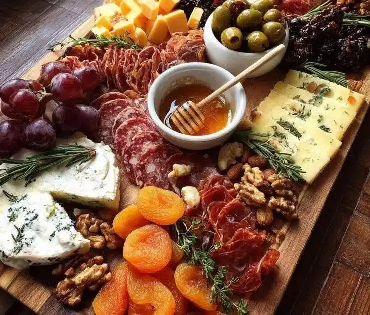 Beautiful Christmas charcuterie board with festive decorations and treats