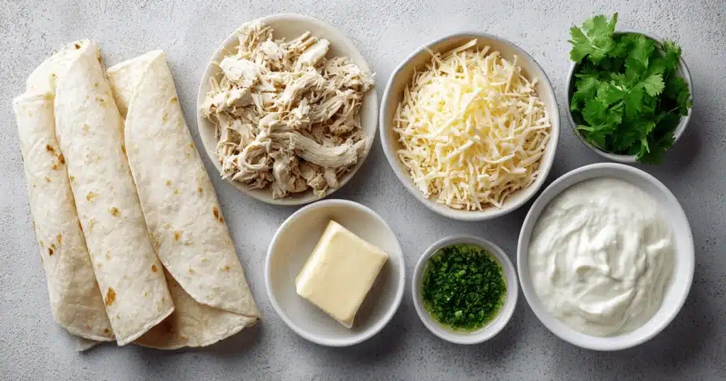 Ingredients for creamy chicken enchiladas displayed on a kitchen counter.