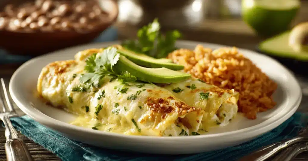 Creamy chicken enchiladas served with Mexican rice and avocado.