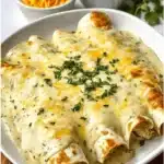 Creamy chicken enchiladas baked with cheese and sour cream sauce, topped with melted Monterey Jack and cilantro.