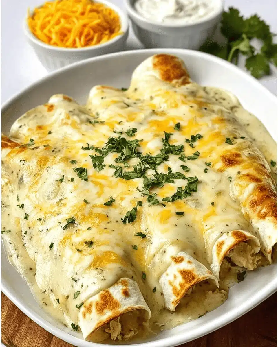 Creamy chicken enchiladas baked with cheese and sour cream sauce, topped with melted Monterey Jack and cilantro.