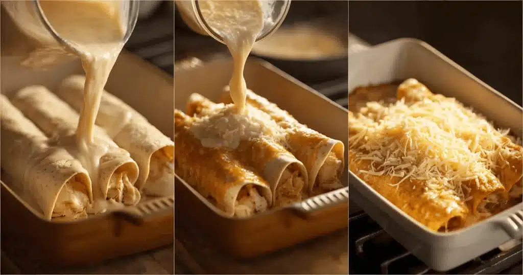 Rolling creamy chicken enchiladas and topping with sauce and cheese.