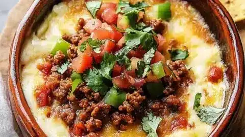 Delicious queso fundido with chorizo served in a warm dish