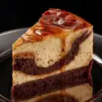 Slice of Amazing Caramel Brownie Cheesecake topped with caramel drizzle