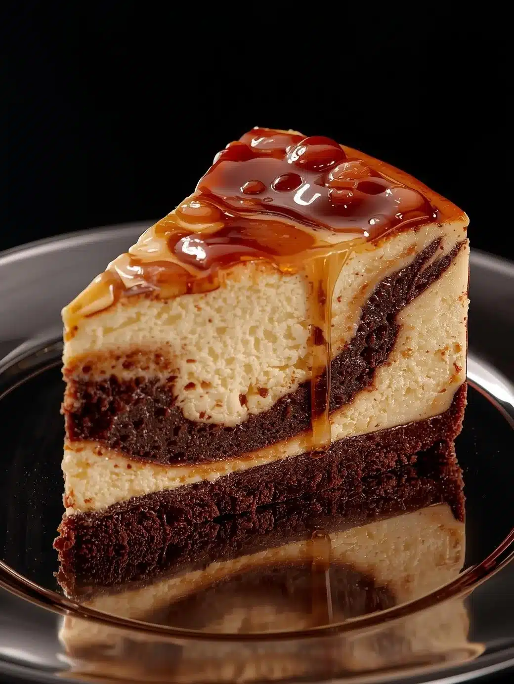 Slice of Amazing Caramel Brownie Cheesecake topped with caramel drizzle