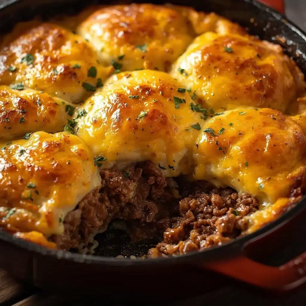 Delicious Cheddar Bay Ground Beef Cobbler served in a rustic dish